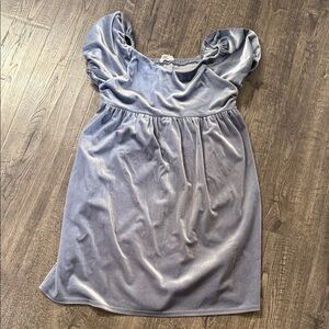 Girls Velvet Puff-Sleeve Dress in Dusty Blue